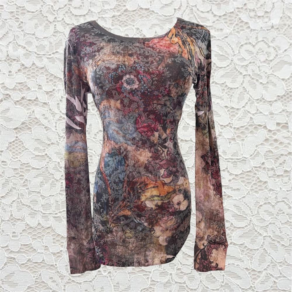 vintage y2k floral & paisley all over graphic long sleeve top